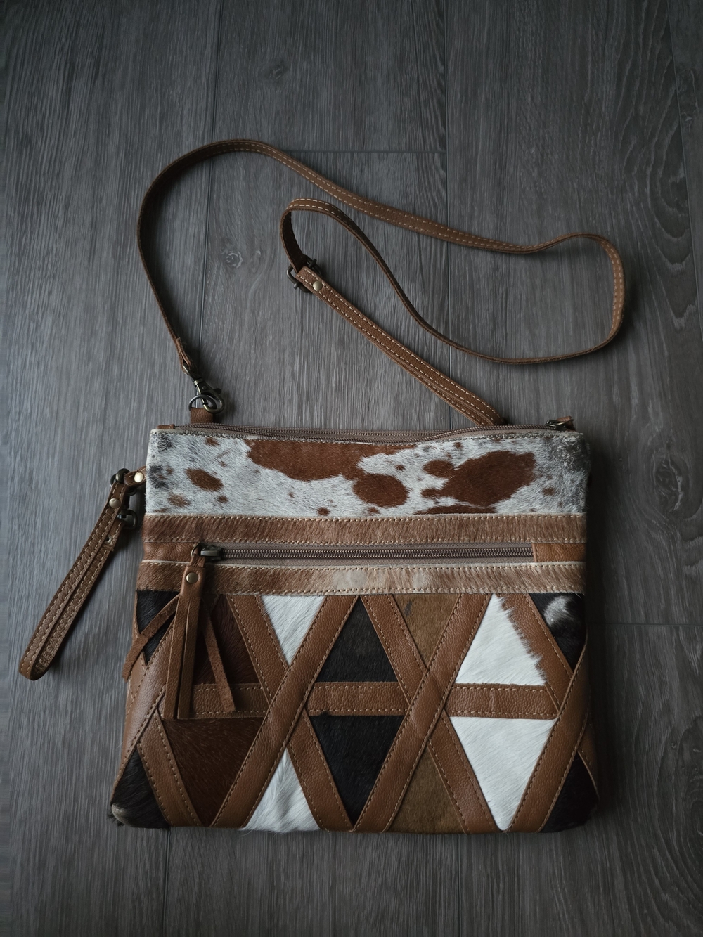 Myra Bag Genuine Cowhide Hair On Leather Patchwork Western Crossbody Purse Brown